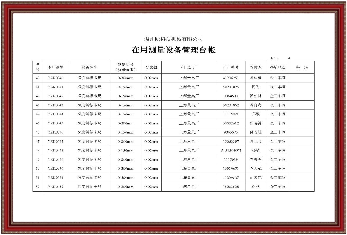 在用測量設(shè)備管理臺賬4