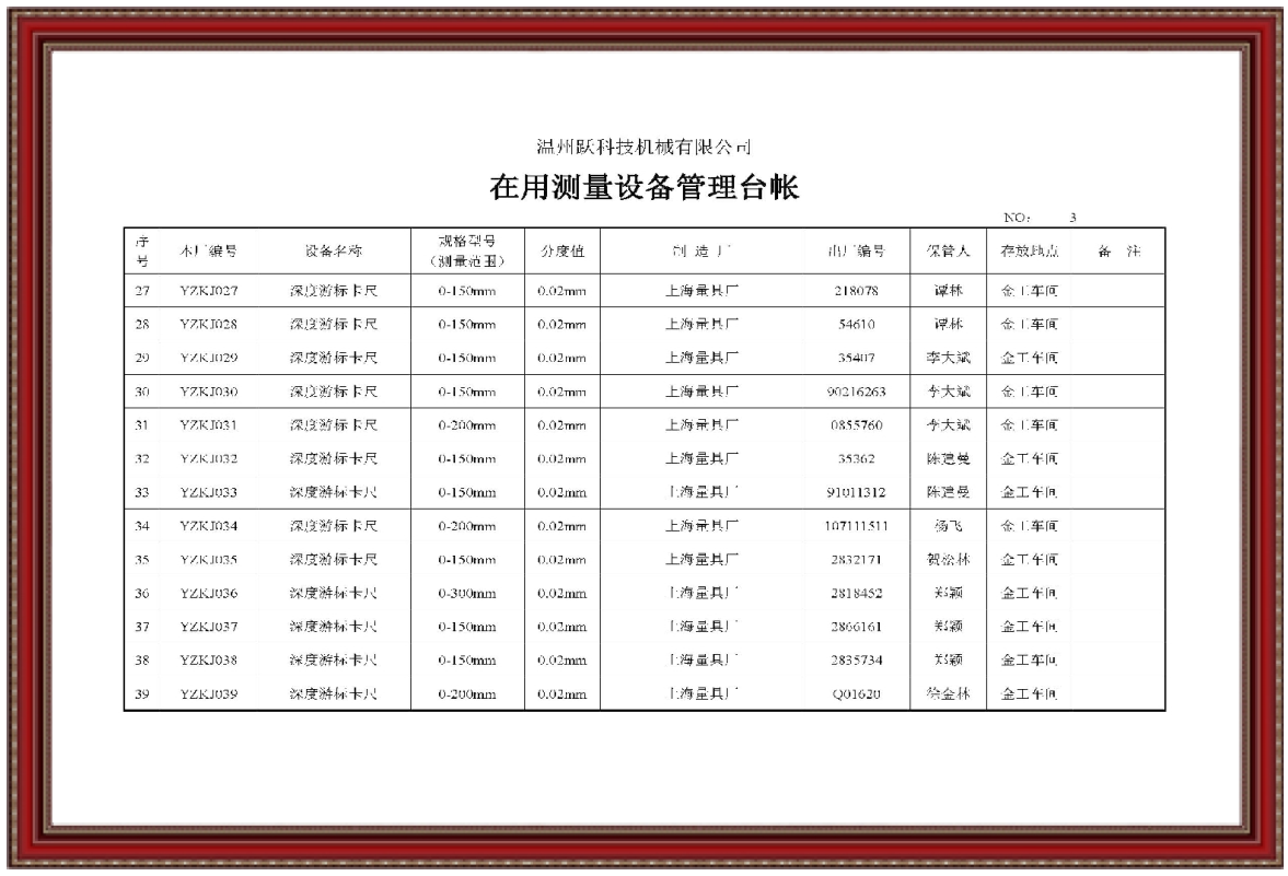 在用測量設(shè)備管理臺賬3